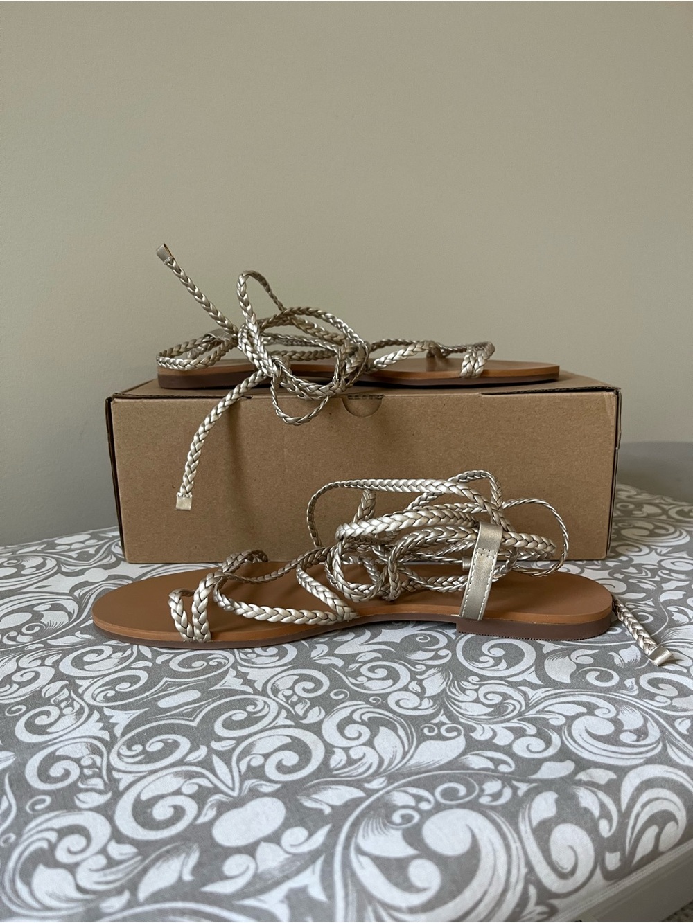 J. Crew Metallic Gold Braided Ankle Wrap Sandals